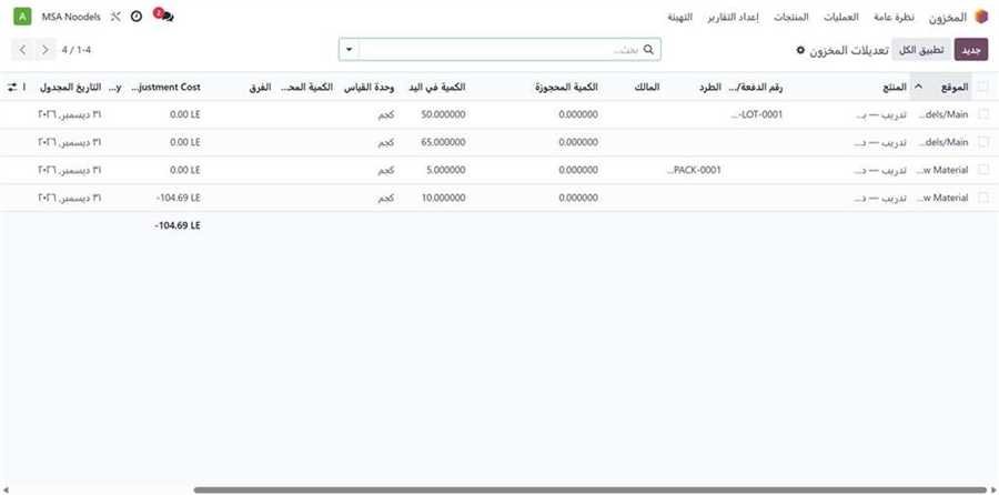 شاشة تعديلات المخزون