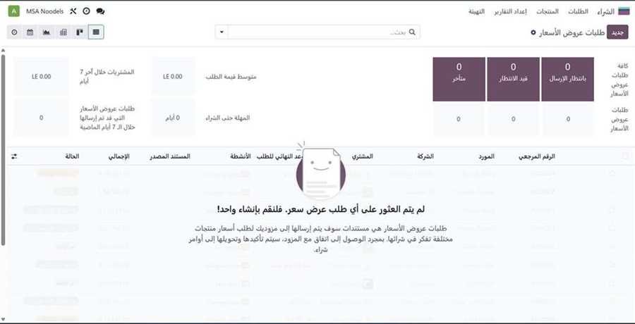 شاشة طلبات عروض الأسعار مع المؤشرات